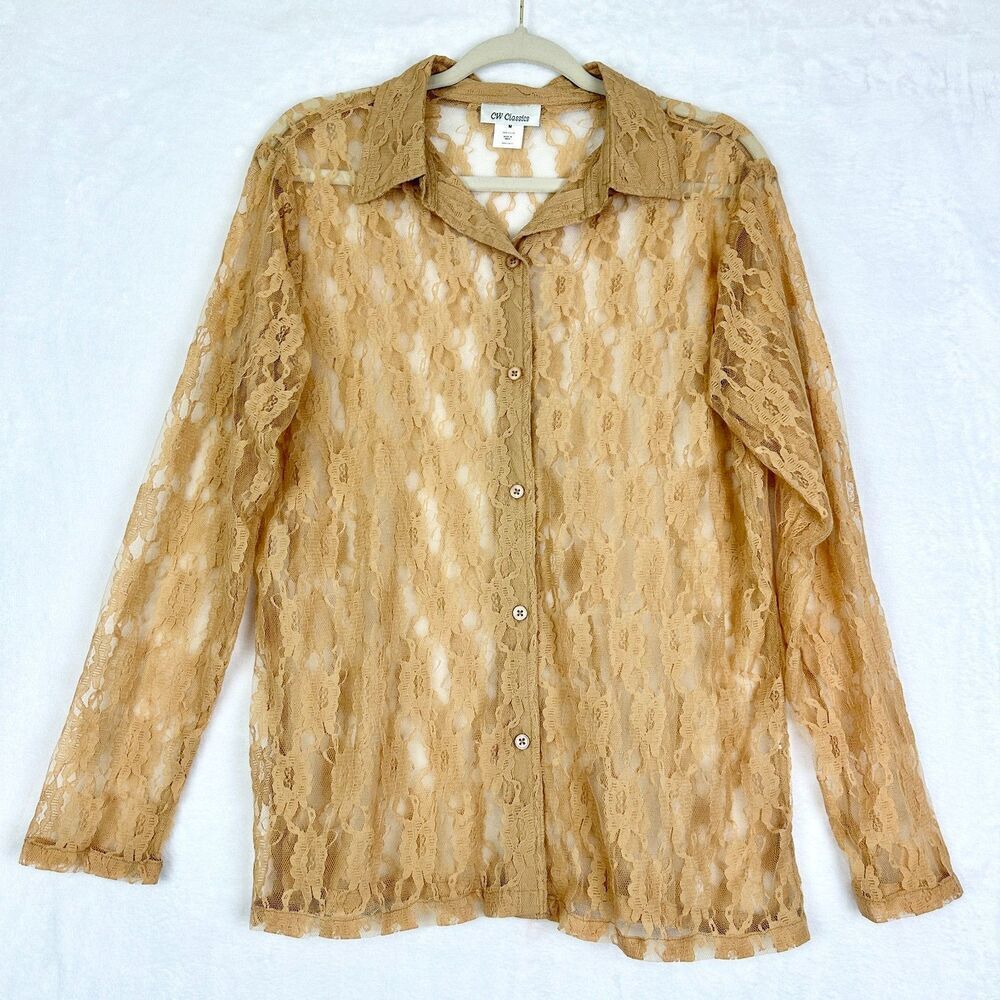 Vintage Sheer Lace Button Up Top Size Medium 90s Y2K Fairy Coquette Goth